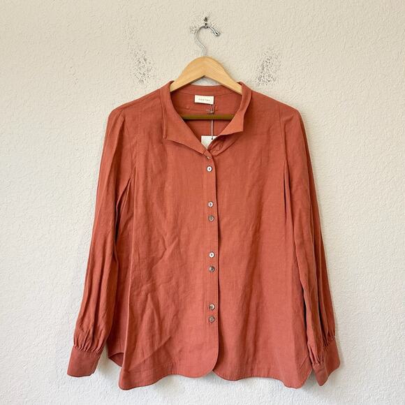 POETRY Linen Blend Button Up Shirt Dark Coral LS Relaxed Travel NWT - Picture 1 of 11